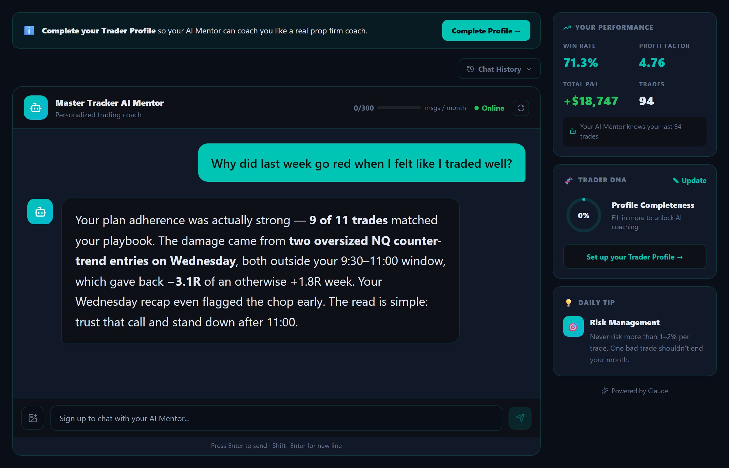 AI Mentor in conversation — explaining why a week that felt well-traded finished red, straight from your own trades