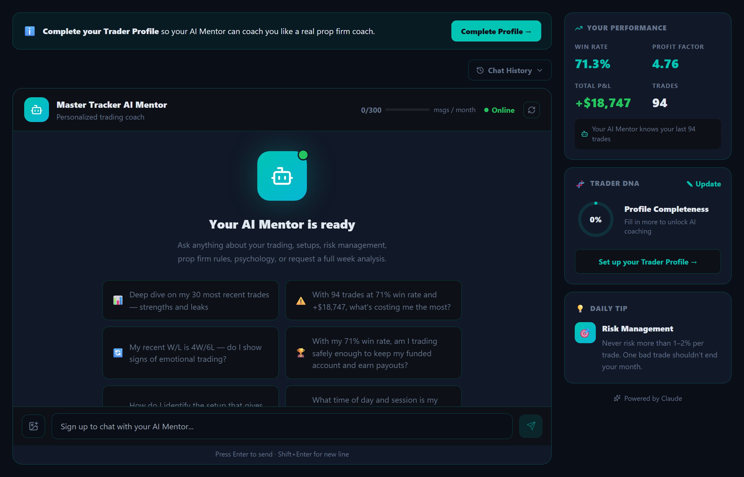 AI Mentor screen — your win rate, profit factor, total P&L and coaching prompts drawn from your own trades