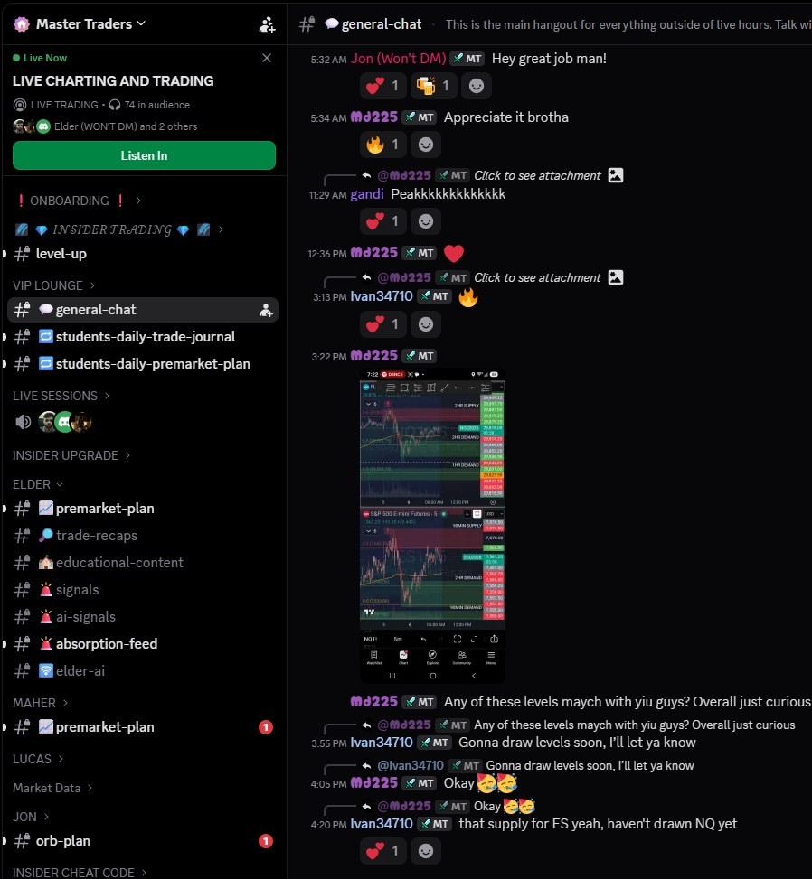 The Master Traders Discord — VIP lounge channels (general chat, students' daily trade journal and pre-market plan), a live charting and trading voice session with 74 people listening, and members talking through setups and sharing chart screenshots in general chat